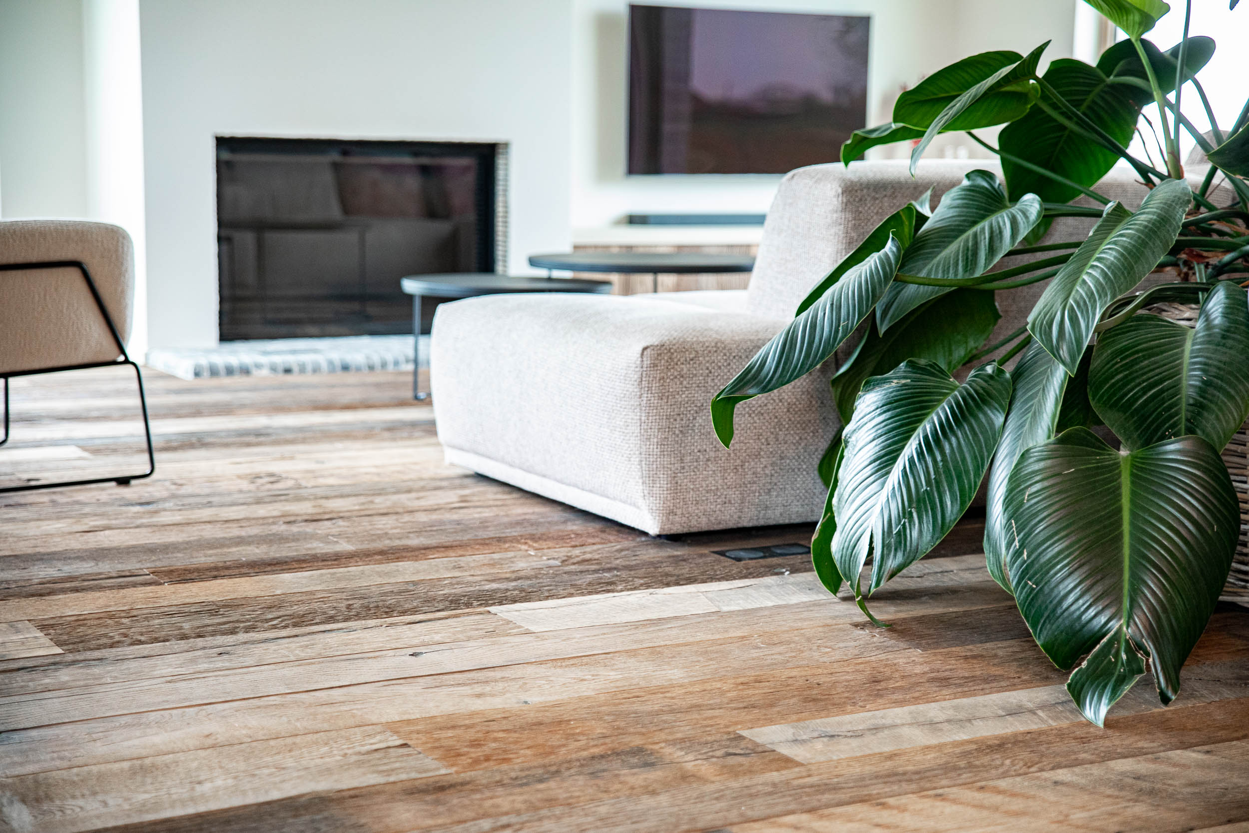 Een Barnwood eiken vloer in een moderne woonkamer