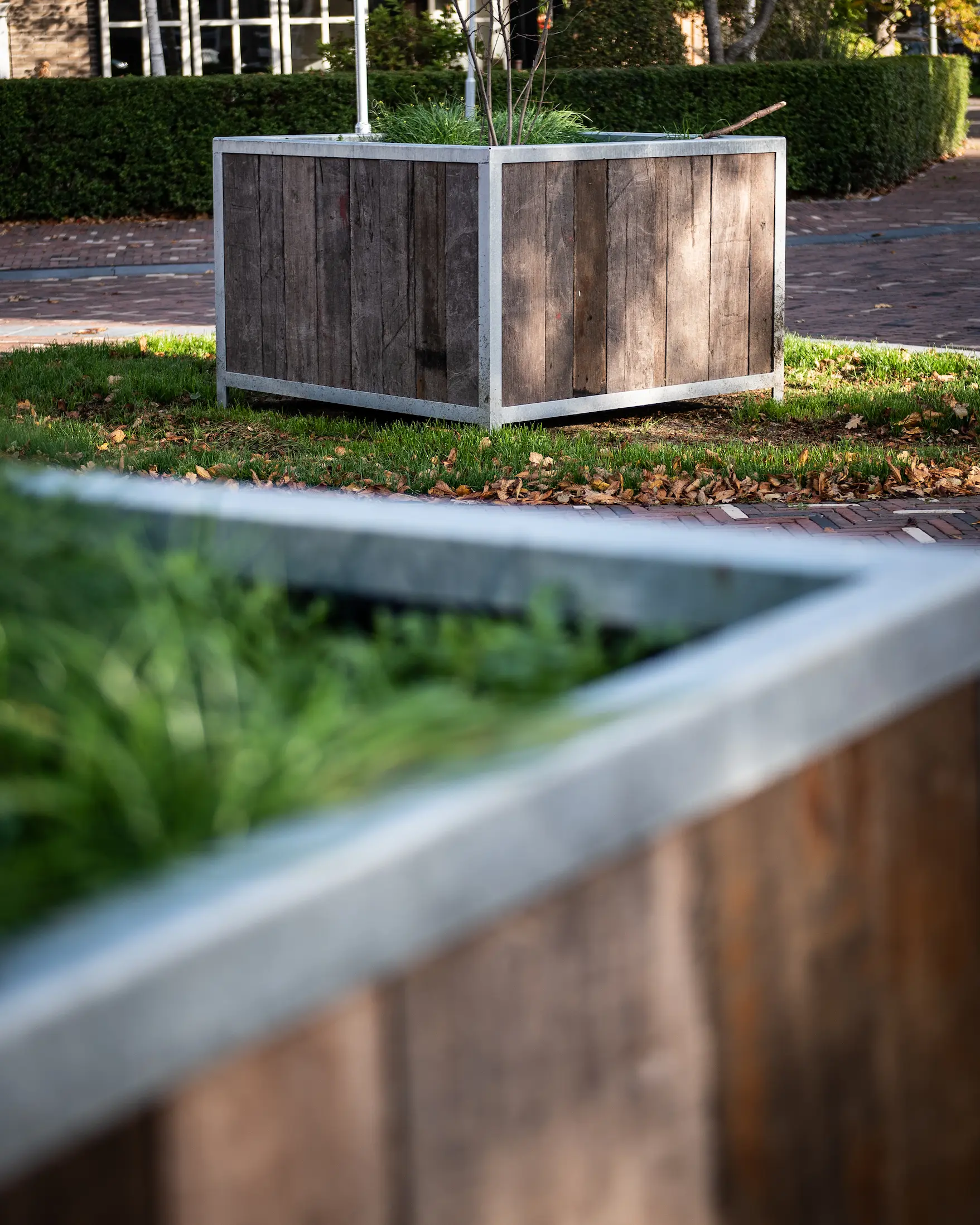 Hardhouten plantenbakken met planten
