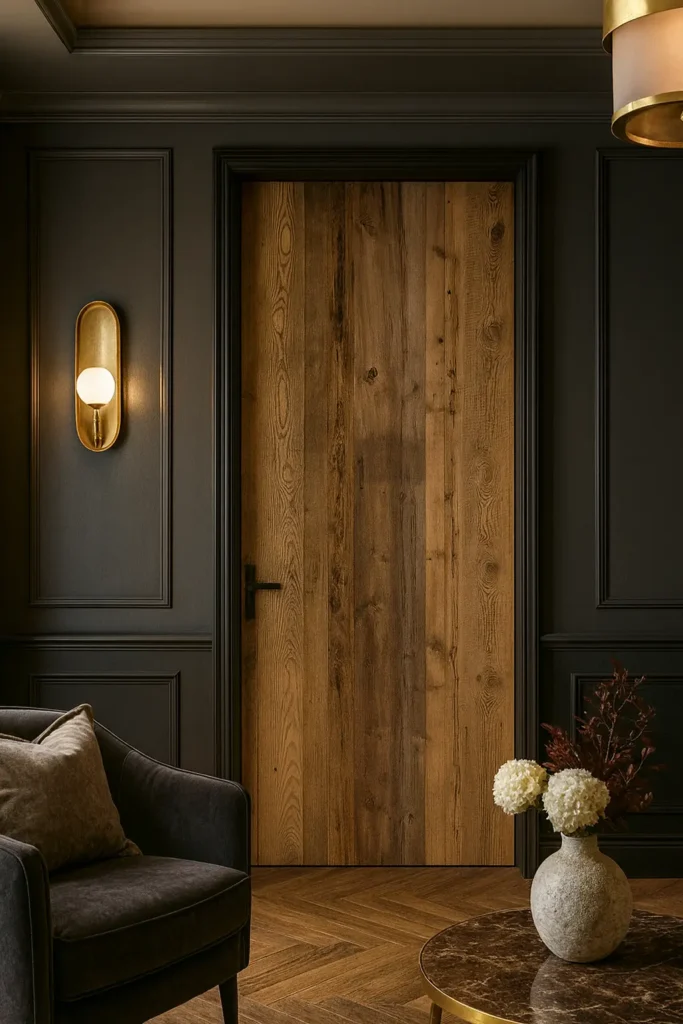Barnwood binnendeur in donkere woonkamer