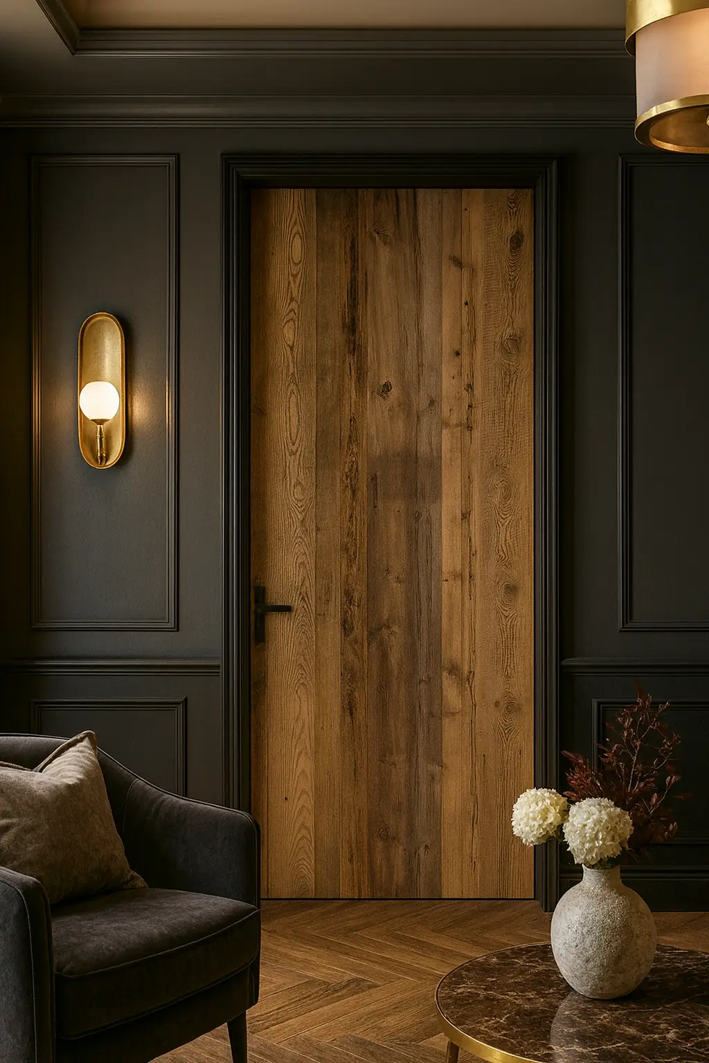 Barnwood binnendeur in donkere woonkamer